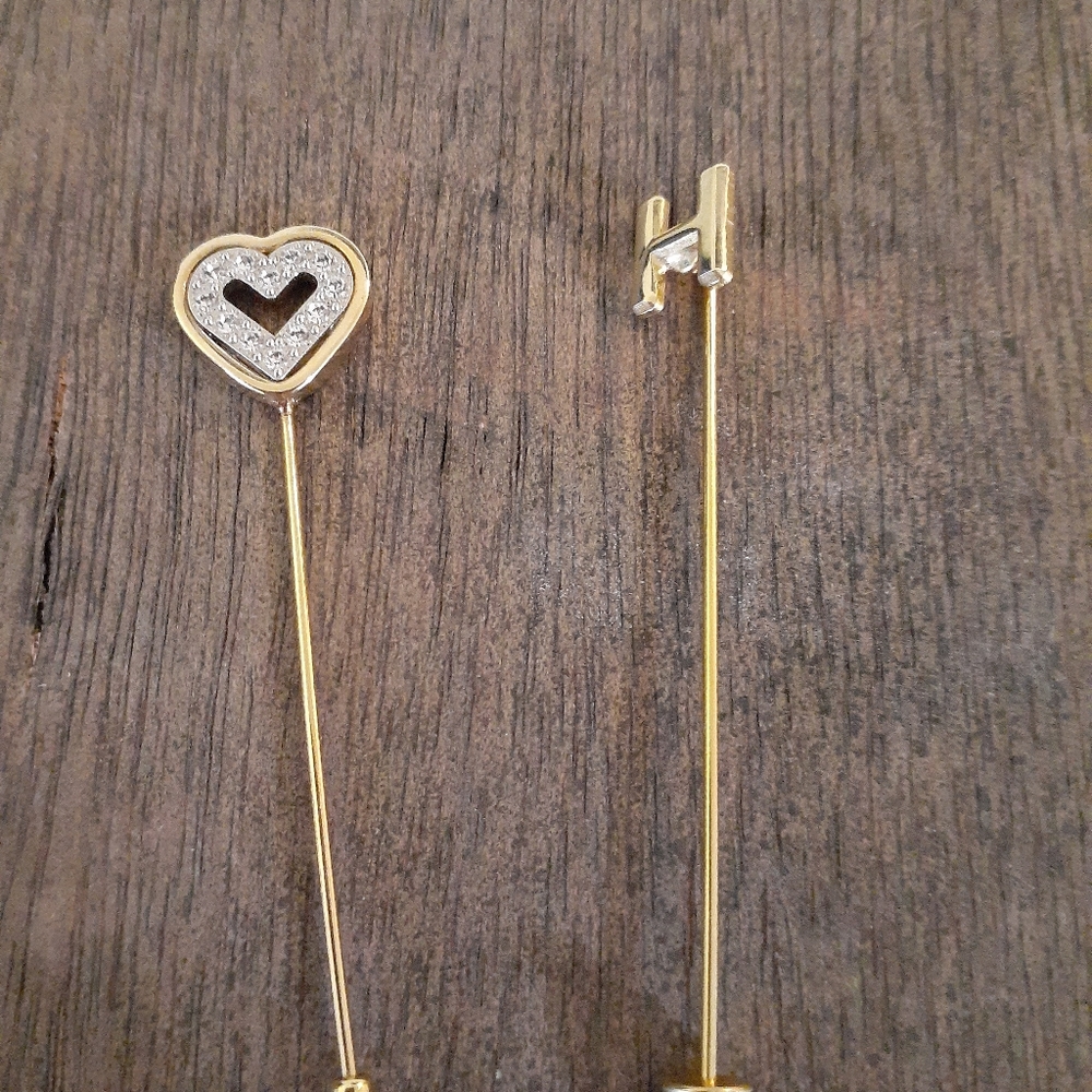 Gold Tone Stickpins Heart Rhinestones and H Set of 2